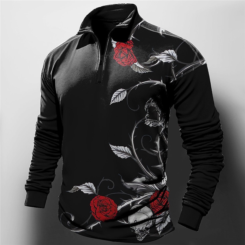 Valentine's Day Rose Men's Abstract Print 3D Zip Polo Outdoor Casual Daily Streetwear Polyester Long Sleeve Zip Polo Shirts Red Blue Spring & Summer S M L Micro-elastic