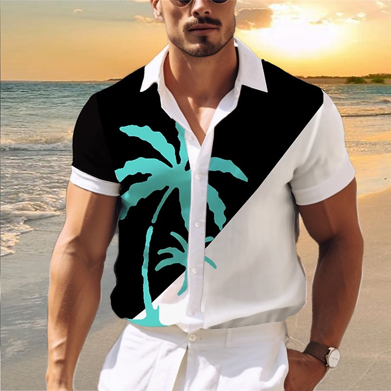 Men's Color Block Palm Tree Tropical Plants Shirt Summer Hawaiian Shirt Aloha Shirt Short Sleeve Shirt Turndown Casual Outdoor Street Casual Daily Yellow Blue Green S M L