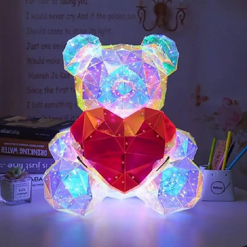 Women's Day Gifts Gorgeous Shining LED Teddy Bear Holding a Pink Heart, Forever Gifts for Anniversary and Birthday 10 inch Mood Lighting Galaxy Lamp - w/Clear Gift Box Mother's Day Gifts for MoM2