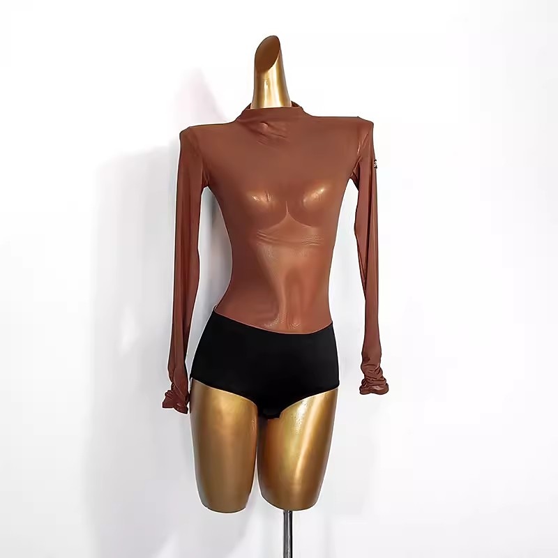 Dance Salsa Latin Dance Ballroom Dance Leotard / Onesie Pure Color Splicing Women's Performance Training Long Sleeve Mesh Spandex4