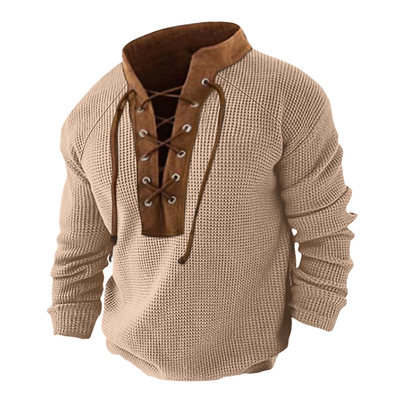 Men's T Shirt Waffle Knit Tee Tee Top Long Sleeve Shirt Long Sleeve Standing Collar Spring &  Fall Color Block Fashion Designer Basic Patchwork Drawstring Vacation Street Going out Red Navy Blue khaki4