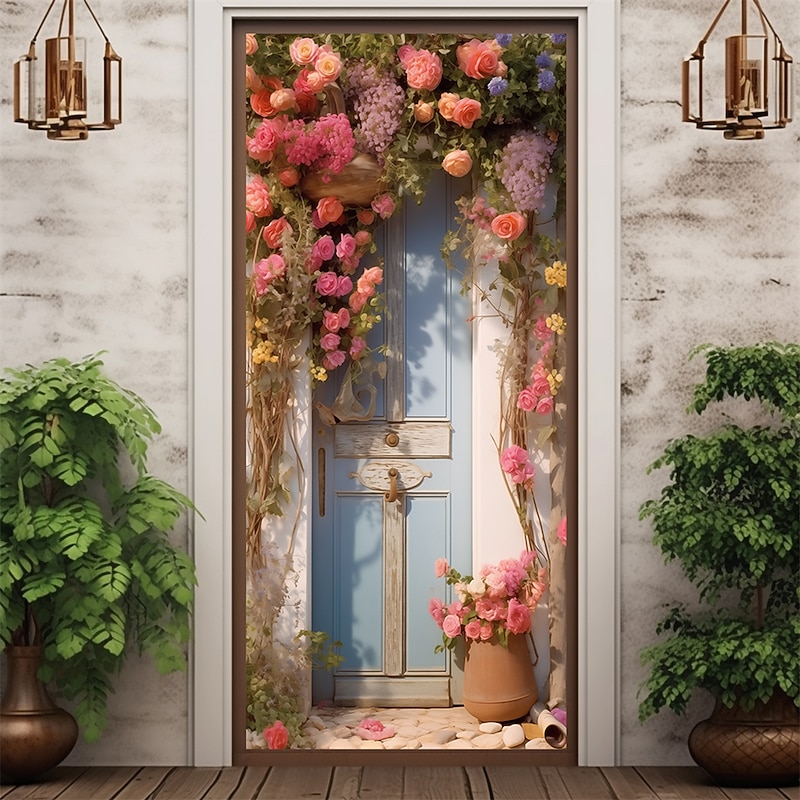 Valentine's Day Spring Floral Door Covers Mural Decor Door Tapestry Door Curtain Decoration Backdrop Door Banner Removable for Front Door Indoor Outdoor Home Room Decoration Farmhouse Decor Supplies