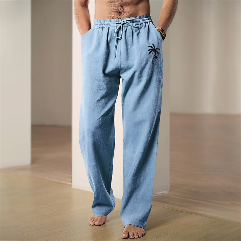Men's Coconut Tree Summer Pants Pants Trousers Mid Waist Casual Daily Wear Vacation Going out Spring Fall Black White Blue