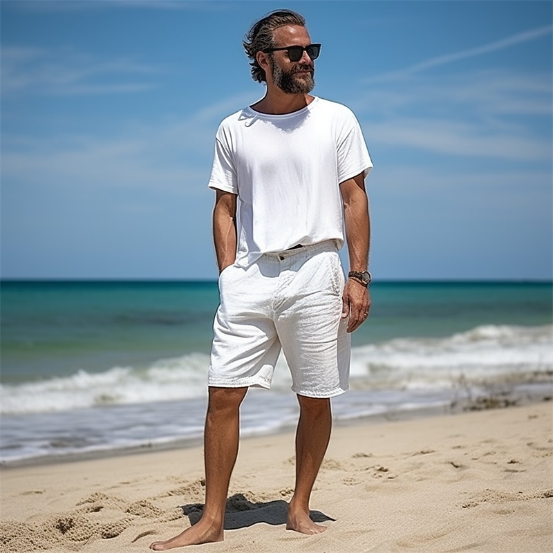 Men's Shorts Linen Shorts Dress Shorts Summer Shorts Pocket Buttons Straight Leg Plain Comfort Breathable Short Casual Daily Holiday Fashion Designer White Sky Blue2