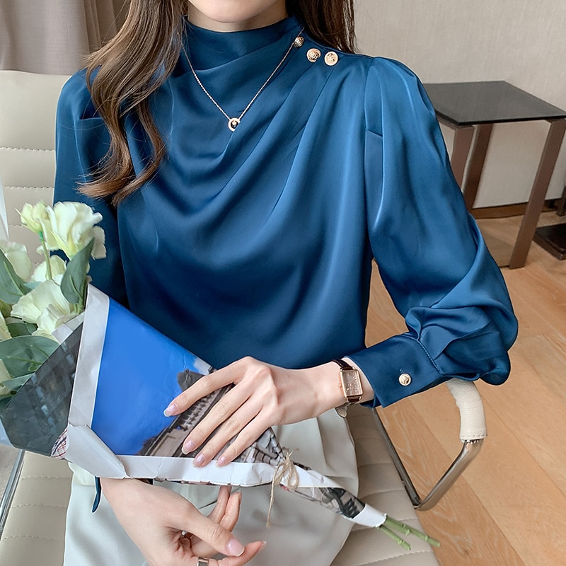 Women's Shirt Elegant Dressy Satin Plain Daily Business Mature Long Sleeve Turtleneck High Neck Regular Tops Work Black White Red Blue Spring &  Fall