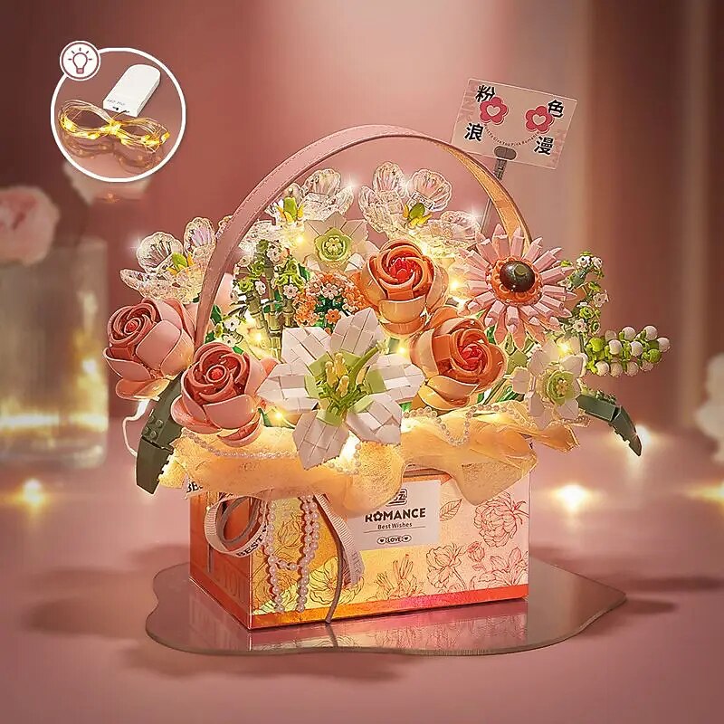 Women's Day Gifts New Building Block Flower Rose Building Block Toy Magic Powder Portable Flower Bouquet Gift Box Series Gifts For Girls Valentine's Day for Girls Mother's Day Gifts for MoM