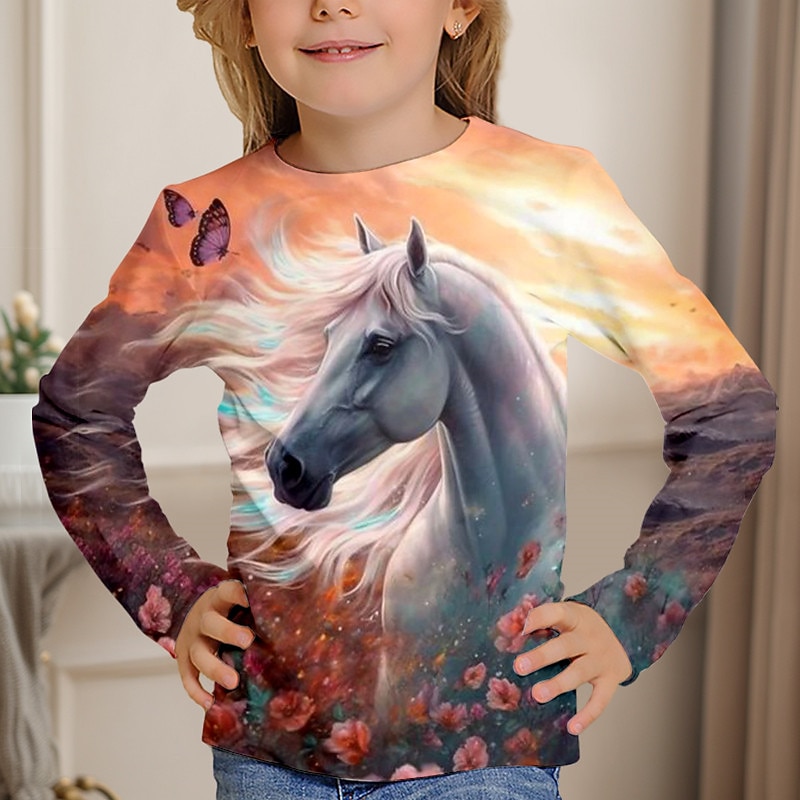 Girls' 3D Unicorn Horse Tee Shirts Long Sleeve 3D Print Spring Fall Active Fashion Cute Kids 3-12 Years Crew Neck Outdoor Casual Daily Regular Fit
