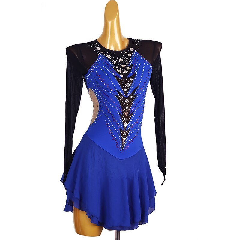Figure Skating Dress Women's Girls' Ice Skating Dress Royal Blue Patchwork Open Back Mesh Spandex High Elasticity Training Competition Skating Wear Classic Long Sleeve Ice Skating Figure Skating3