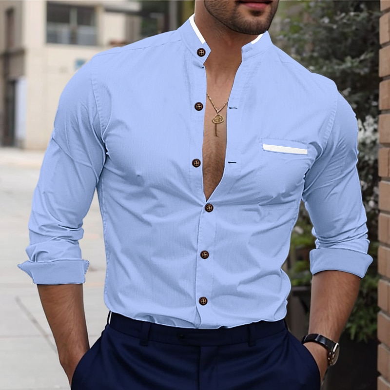 Men's Shirt Band Collar Shirt Dress Shirt Button Up Shirt Oxford Shirt Color Block Office & Career Wedding Party White Dark Blue Light Sky Blue Gray Long Sleeve Standing Collar Spring &  Fall3