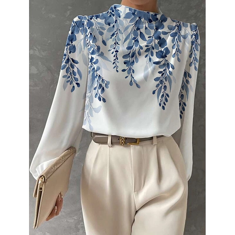 Women's Blouse Long Sleeve Fashion Floral Butterfly Print Regular Tops Round Neck Work Royal Blue Blue Purple Green Khaki Spring &  Fall4