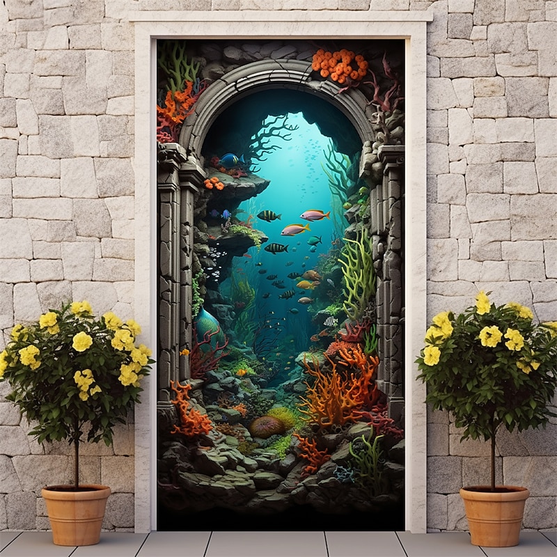 Undersea Cave Door Covers Mural Decor Door Tapestry Door Curtain Decoration Backdrop Door Banner Removable for Front Door Indoor Outdoor Home Room Decoration Farmhouse Decor Supplies4