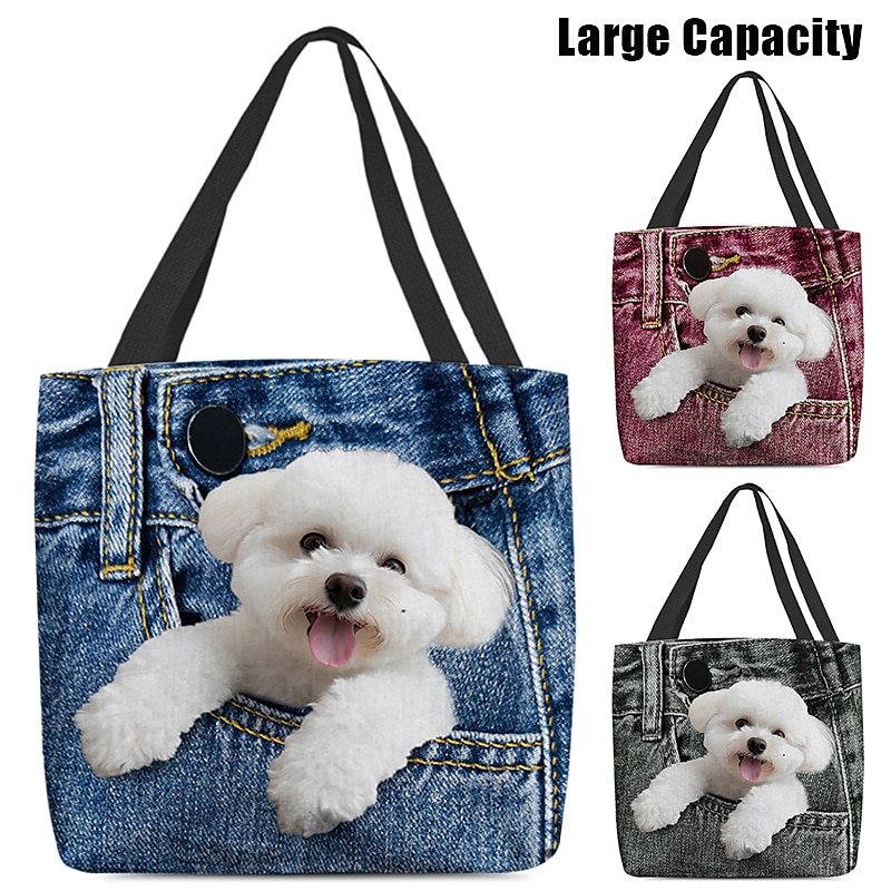 Women's Tote Shoulder Bag Canvas Tote Bag Polyester Shopping Daily Holiday Print Large Capacity Foldable Lightweight Dog Black Red Blue
