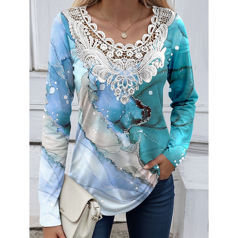Women's Blouse Tunic Lace Splicing V Neck Long Sleeve Butterfly Abstract Lace Patchwork Print Regular Tops Round Neck Casual Black White Blue Khaki Gray Spring & Fall Prefall2