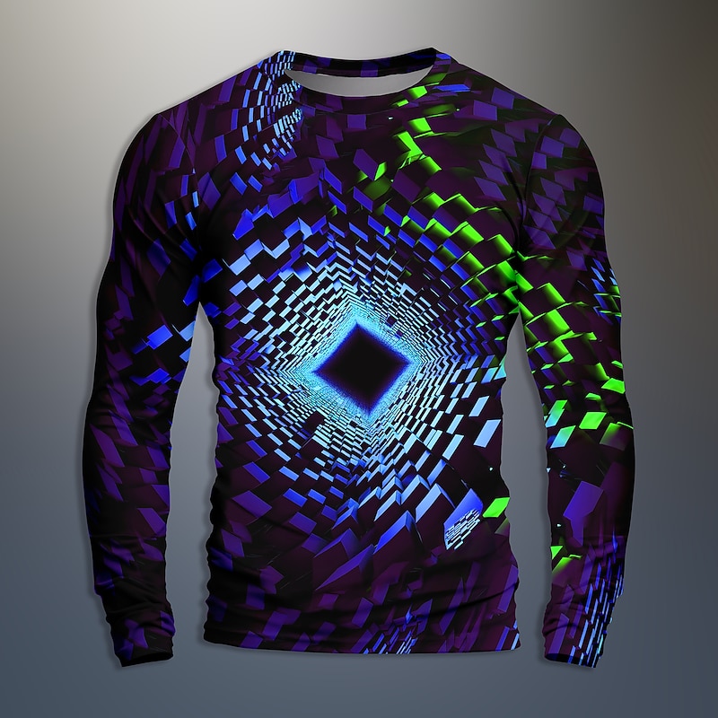 Men's Graphic Geometric Optical Illusion Visual Deception Long Sleeve T shirt 3D Print Crew Neck Shirt Daily Designer Artistic Party Casual Holiday Blue Dark Green Purple Fall Spring & Summer3