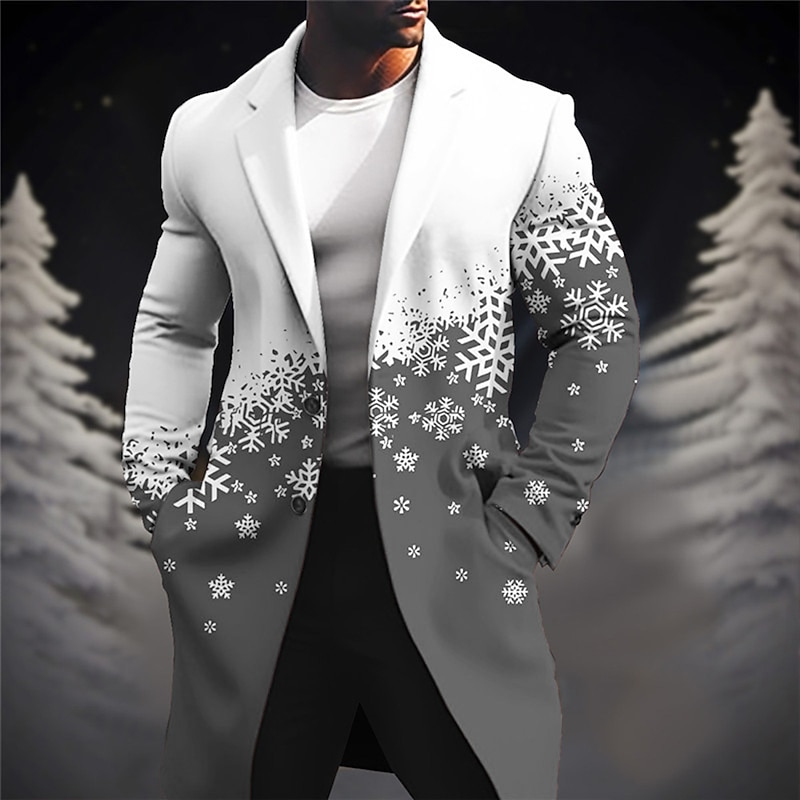 Men's Snowflake Winter Coat Overcoat Coat Warm Comfortable Breathable Business Casual Christmas Work Wear to work Pocket Print Fall & Winter Turndown Long Sleeve Wine Blue Purple4