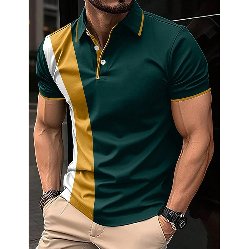 Men's Polo Shirt Button Up Polos Casual Sports Lapel Short Sleeve Fashion Basic Color Block Patchwork Summer Regular Fit Black White Red Navy Blue Dark Green Polo Shirt