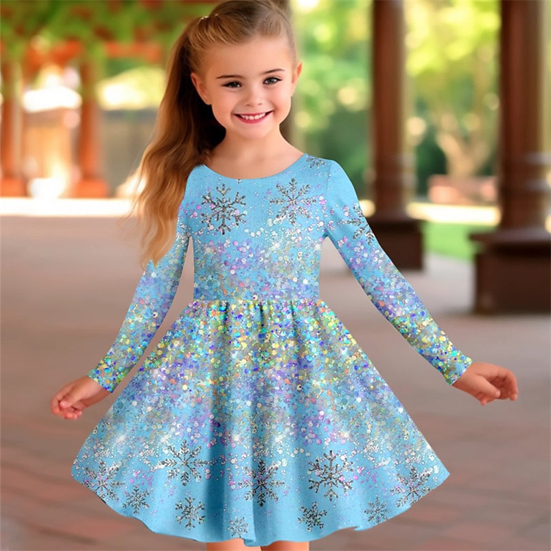 Girls' 3D Snowflake Dress Pink Long Sleeve 3D Print Spring Fall Vacation Sports & Outdoor Daily Cute Casual Beautiful Kids 3-12 Years Casual Dress A Line Dress Above Knee Regular Fit2