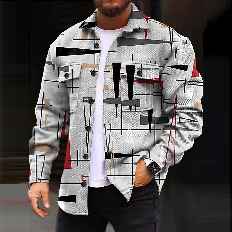 Men's Geometric Pattern Geometry Gradual Shirt Shirt Jacket Overshirt Long Sleeve Casual Outdoor Street Casual Daily Fall & Winter Turndown Buttons Pocket Print Red Blue Gray