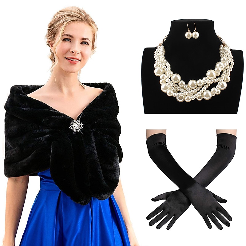 Set with Faux Fur Shawl Wraps Rhinestone Brooch Faux Pearl Necklace Earrings Long Opera Gloves Women's 1920s Bride Wedding Winter Bridal Faux Fox Fur Stoles and Scarfs for Women and Bridesmaids