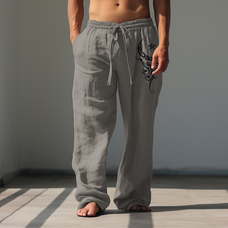 Men's Graphic Star Totem Linen Pants Pants Trousers Baggy Pants Mid Waist Casual Vacation Daily Wear Going out Spring Fall Black Blue Green3