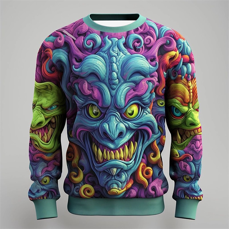 Men's Graphic Cartoon Monster Sweatshirts Golf Pullover Sweatshirt Long Sleeve Sweatshirt Crew Neck Fashion Daily Casual 3D Print Vacation Holiday Going out Print Spring &  Fall