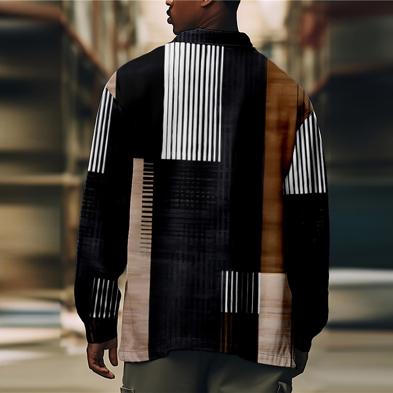 Men's Color Block Geometric Pattern Geometry Shirt Shirt Jacket Overshirt Long Sleeve Business Casual Daily Wear Going out Weekend Fall & Winter Turndown Pocket Print Button-Down Black Khaki2