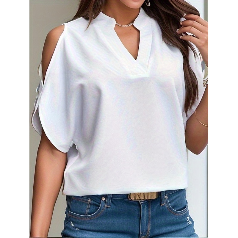 Shirt Blouse Women's White Red Green Floral Plain Cut Out Casual Fashion V Neck Regular Fit S3