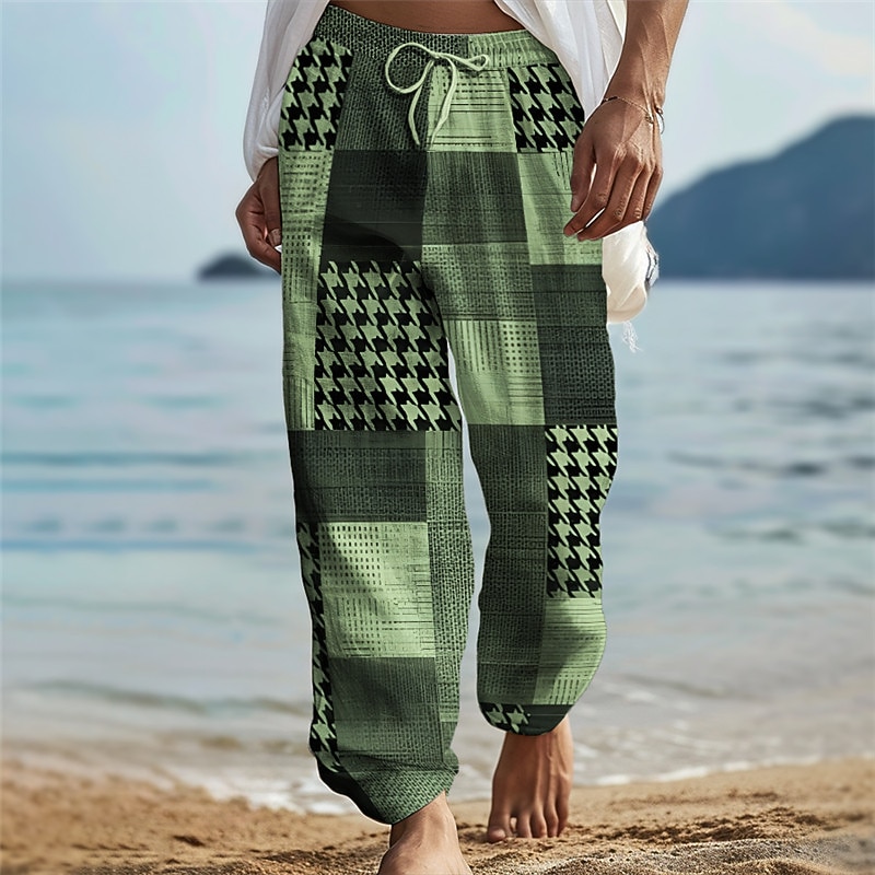 Houndstooth Casual Men's 3D Print Pants Trousers Outdoor Daily Wear Streetwear Polyester Blue Green Khaki S M L Medium Waist Elasticity Pants2