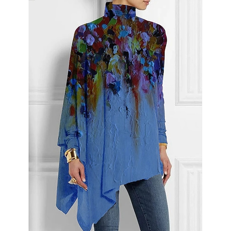 Women's T shirt Long Sleeve Fashion Floral Print Asymmetric Hem Long Sleeve Long Tops High Neck Casual Holiday Blue Green Gray Spring & Fall Prefall2