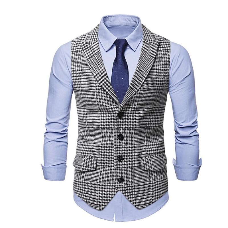 Men's Gilet Casual Daily Traditional Spring Autumn Basic Terylene Casual / Daily Houndstooth Single Breasted Closure collar Form Fit Black Vest