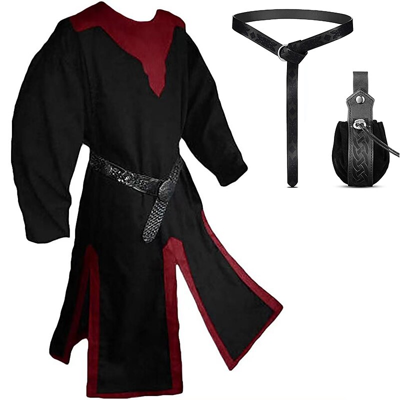 Set with Vikings Medieval Tunic Shirt Belt Pouch 3 PCS Pirate Outfits Vintage Renaissance 17th Century Warrior Knight Ritter Men's Vintage Cosplay Costume Event Party Stage LARP