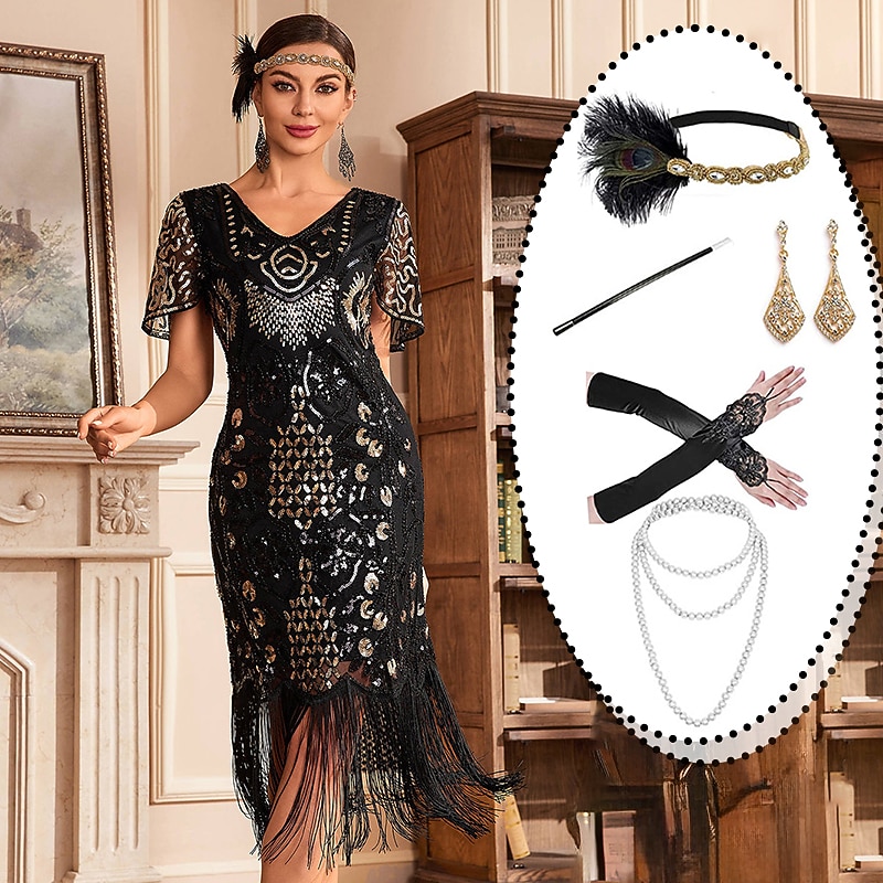 Set with Flapper Dress Feather Headband Long Opera Gloves Necklace Earings Cigarette Holder Women's Roaring 20s 1920s Flapper Girl Cocktail Masquerade Outfits The Great Gatsby Costume2