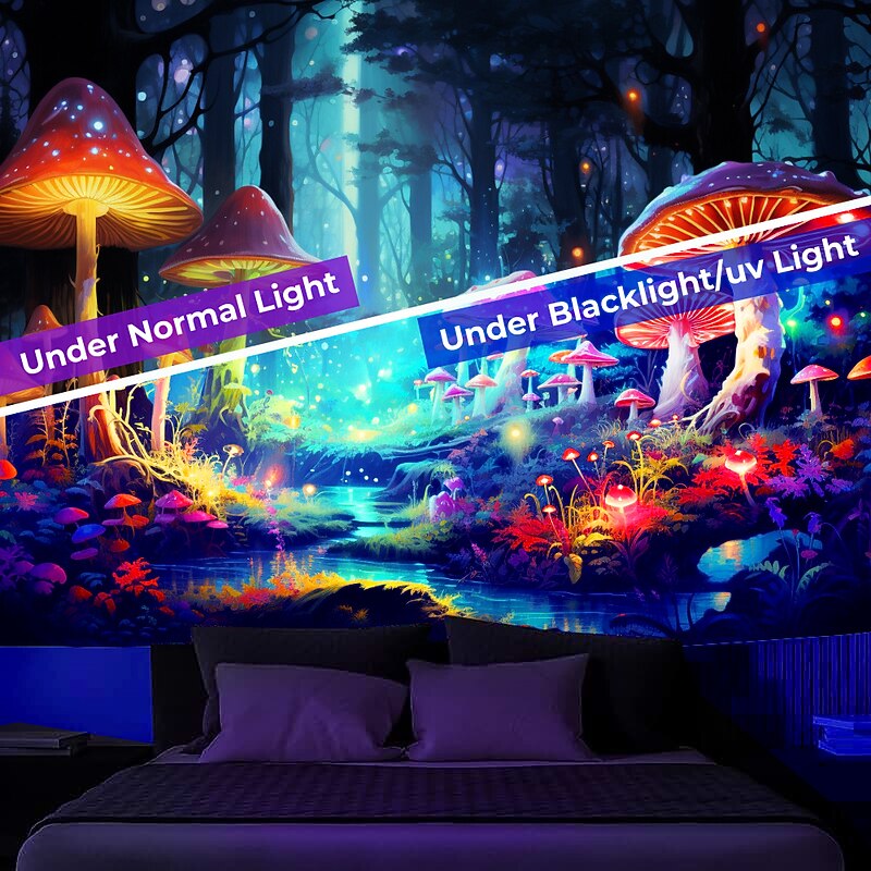 Blacklight Tapestry UV Reactive Glow in the Dark Glow Party Neon Mushroom Forest Psychedelic Trippy Misty Hanging Tapestry Wall Art Mural for Living3