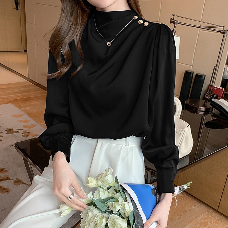 Women's Shirt Elegant Dressy Satin Plain Daily Business Mature Long Sleeve Turtleneck High Neck Regular Tops Work Black White Red Blue Spring & Fall 5