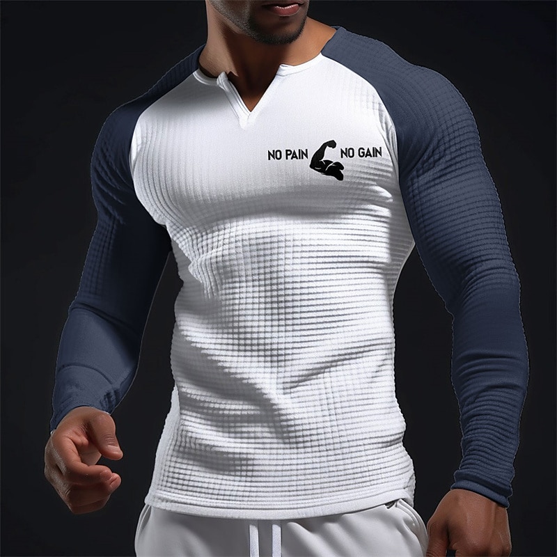Men's Muscle Graphic Color Block Waffle Shirt T Shirt Raglan T Shirt Long Sleeve T shirt 3D Print V Neck Shirt Daily Classic Casual Sports Outdoor Holiday Going out Black White Light Grey Spring3