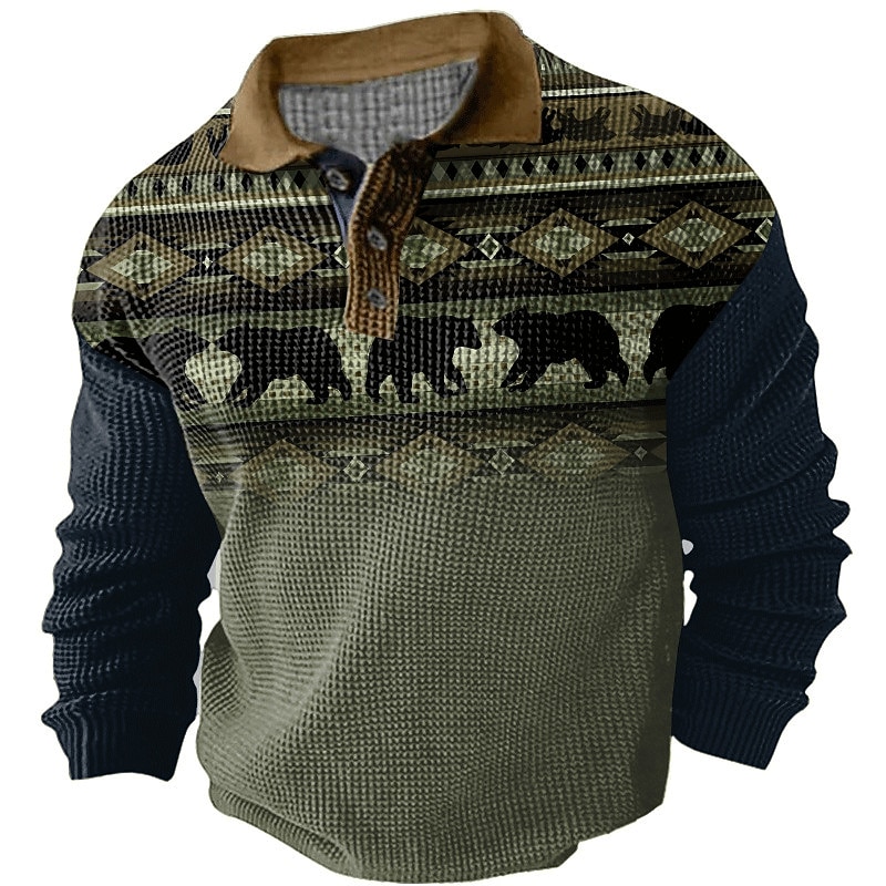 Men's Western Wear Waffle Polo Shirts Golf Shirt Long Sleeve Polo Shirts Collared Shirts Vintage Casual Vacation Wear Party Outfits Buttons 3D Print Fall & Winter Dark Navy Green Khaki