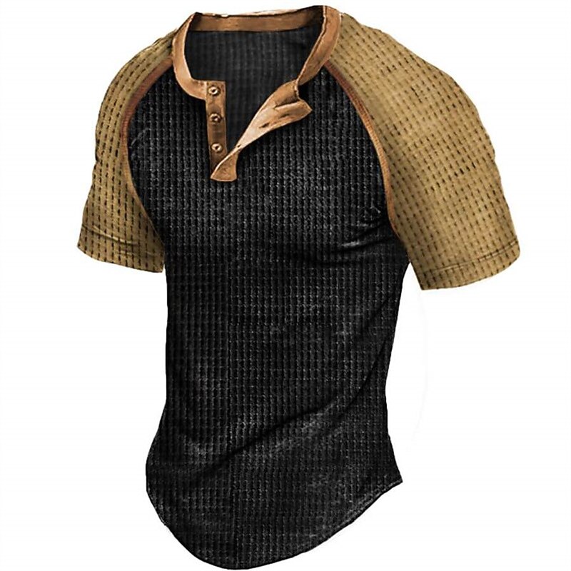 Men's Waffle Tee Button T Shirt Henley Shirt Waffle Knit Tee Short Sleeves Henley Summer Color Block Vintage Designer Basic Patchwork Vacation Street Going out Black Top Tee for Men