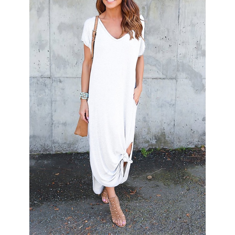 Women's Casual Dress Long Dress Maxi Dress Cotton Pocket Split Date Maxi Basic V Neck Short Sleeve Black White Pink Color 6