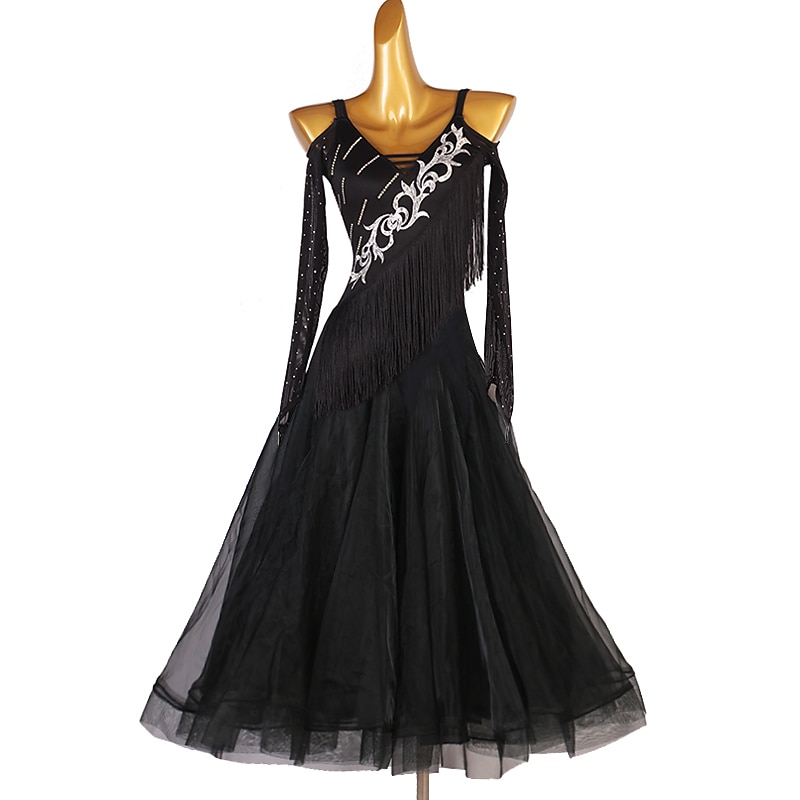 Ballroom Dance Dress Tassel Crystals / Rhinestones Women's Performance Training Long Sleeve High Chinlon Organza Tulle