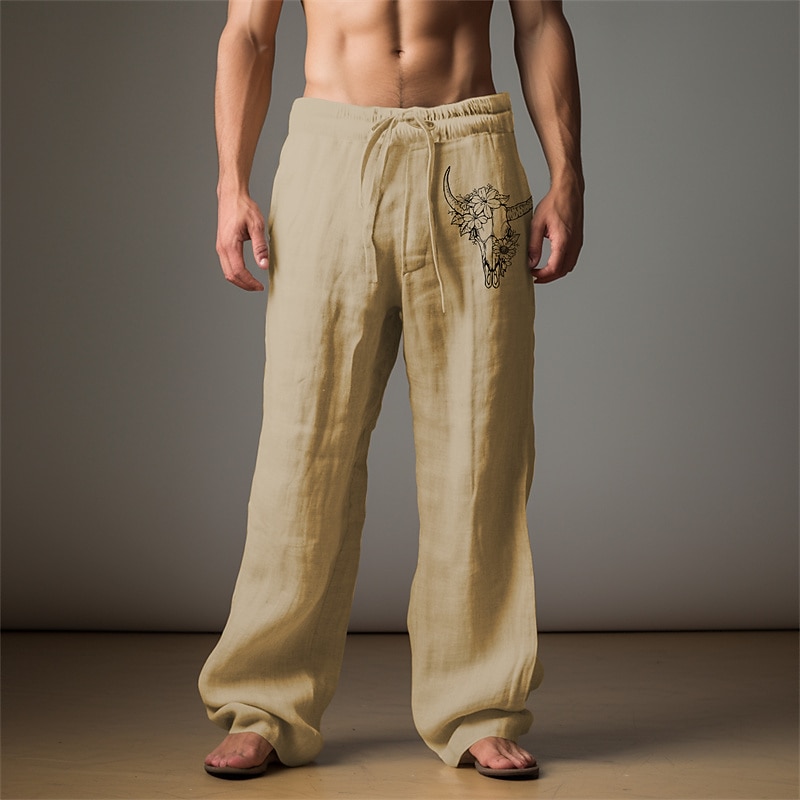Men's Graphic Cattle Pants Trousers Mid Waist Casual Vacation Daily Wear Going out Spring Fall Light Brown Blue Green