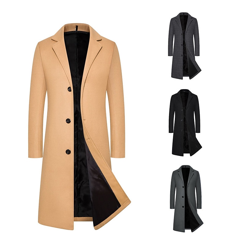 Men's Winter Coat Overcoat Trench Coat Outdoor Daily Wear Fall & Winter Polyester Thermal Warm Windproof Outerwear Clothing Apparel Fashion Streetwear Plain Lapel Single Breasted
