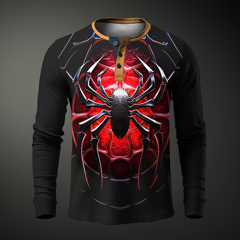 Men's Graphic Spiders Henley Shirt Long Sleeve 3D Print Fashion Daily Casual Casual Holiday Going out Spring &  Fall Yellow Red Blue Purple Henley Henley T-Shirt