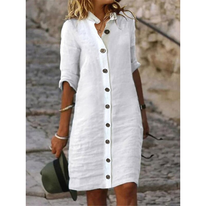 Women's Black White Yellow Summer Spring Mini Dress Linen-Inspired Dresses Black Dress Shirt Dress Basic Modern Daily Weekend Loose Fit Plain Shirt Collar4