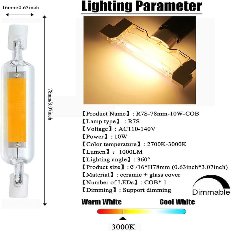 78mm  R7S LED Bulbs 5/10W 50W/70W Halogen Enquivalent Double Ended J Base  360Beam Angle 220V Dimmable 3000K Warm White/6000W White for Landscape Light  (2Pcs)2