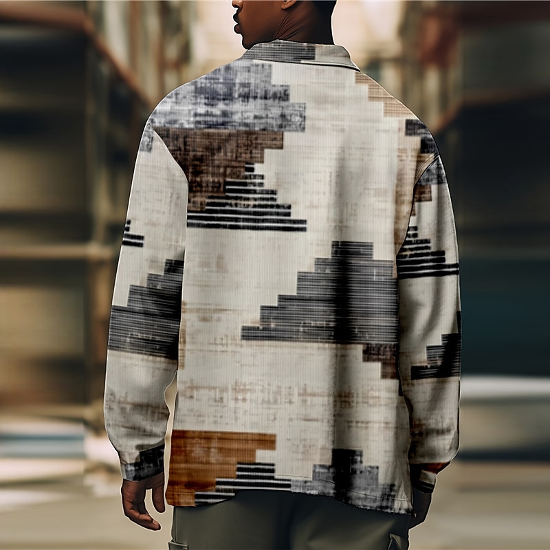 Men's Color Block Geometric Pattern Geometry Shirt Shirt Jacket Overshirt Long Sleeve Business Casual Daily Wear Going out Weekend Fall & Winter Turndown Pocket Print Button-Down Black Khaki4