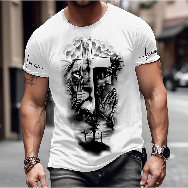 Men's Lion Cross Faith Short Sleeve T shirt 3D Print Crew Neck Shirt Daily Outdoor Casual Party Casual Holiday White Summer Clothing Apparel Normal S M L XL XXL XXXL
