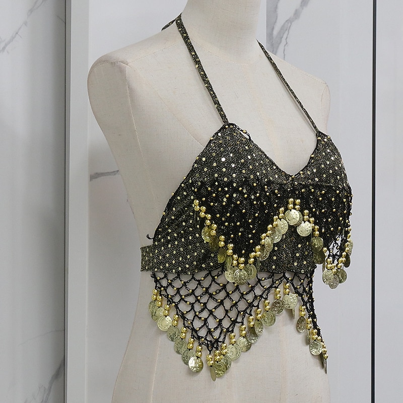 Belly Dance Vest Copper Coin Pure Color Splicing Women's Performance Training Sleeveless High Polyester3