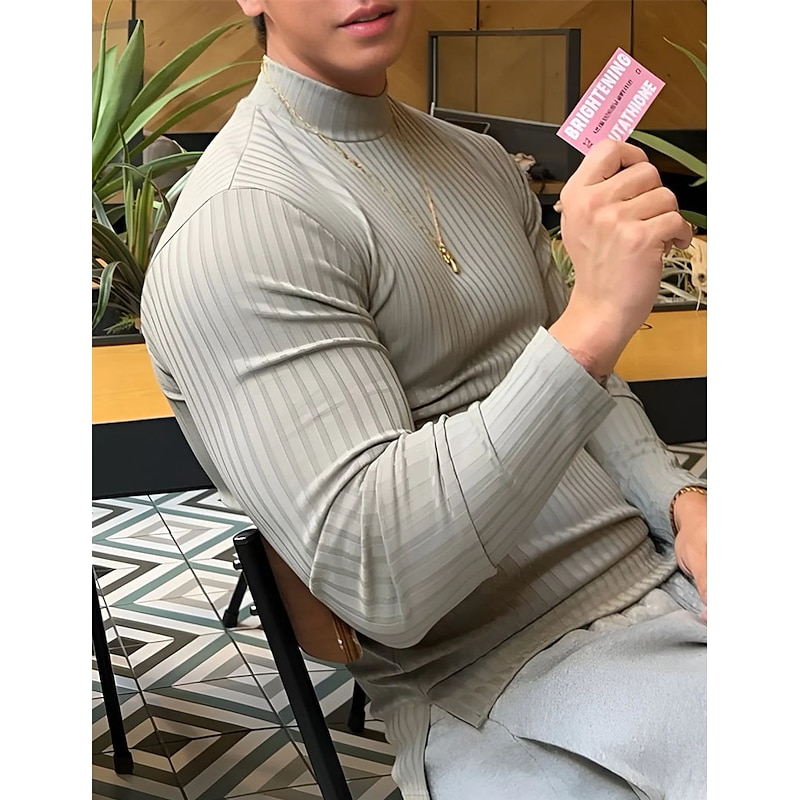Men's T Shirt Knit Tee Tee Top Long Sleeve Shirt Long Sleeve Turtleneck Spring &  Fall Plain Pit Strip Fashion Designer Basic Vacation Street Going out Black White Gray Top Tee for Men3