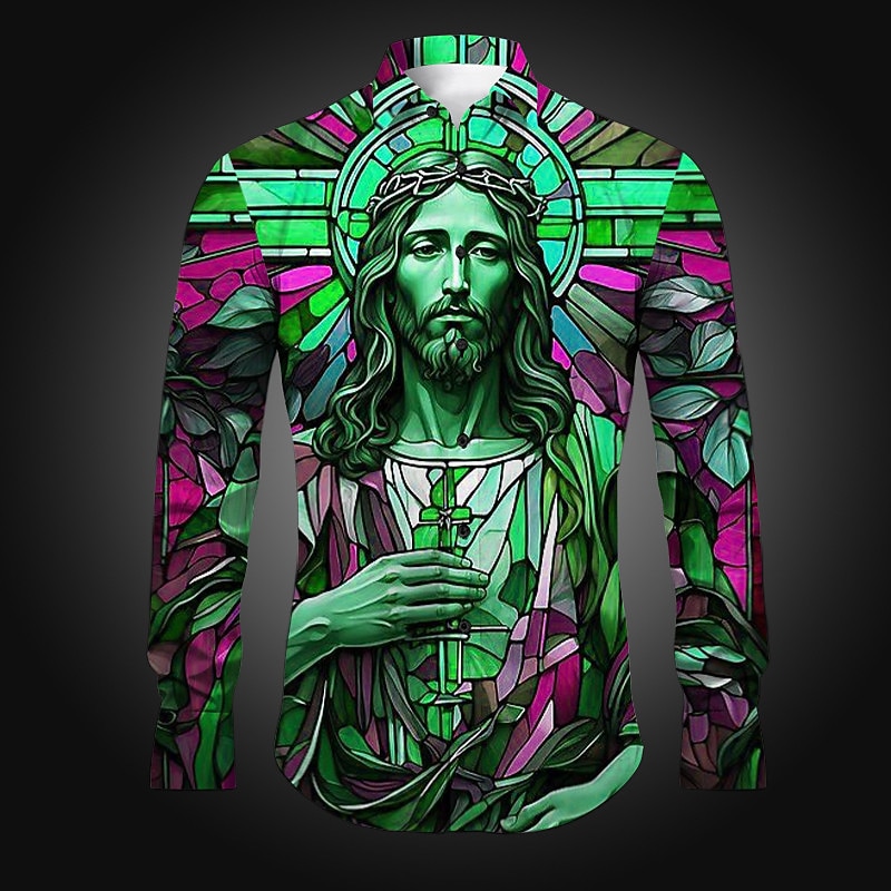 Men's Mixed Color Jesus Shirt Button Up Shirt Long Sleeve Artistic Abstract Daily Wear Going out Spring Turndown Print Button-Down Yellow Blue Purple Fuchsia Orange3