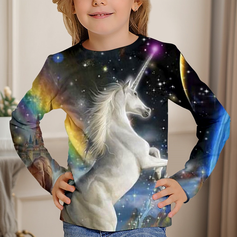 Girls' 3D Unicorn Horse Tee Shirts Long Sleeve 3D Print Spring Fall Active Fashion Cute Kids 3-12 Years Crew Neck Outdoor Casual Daily Regular Fit3